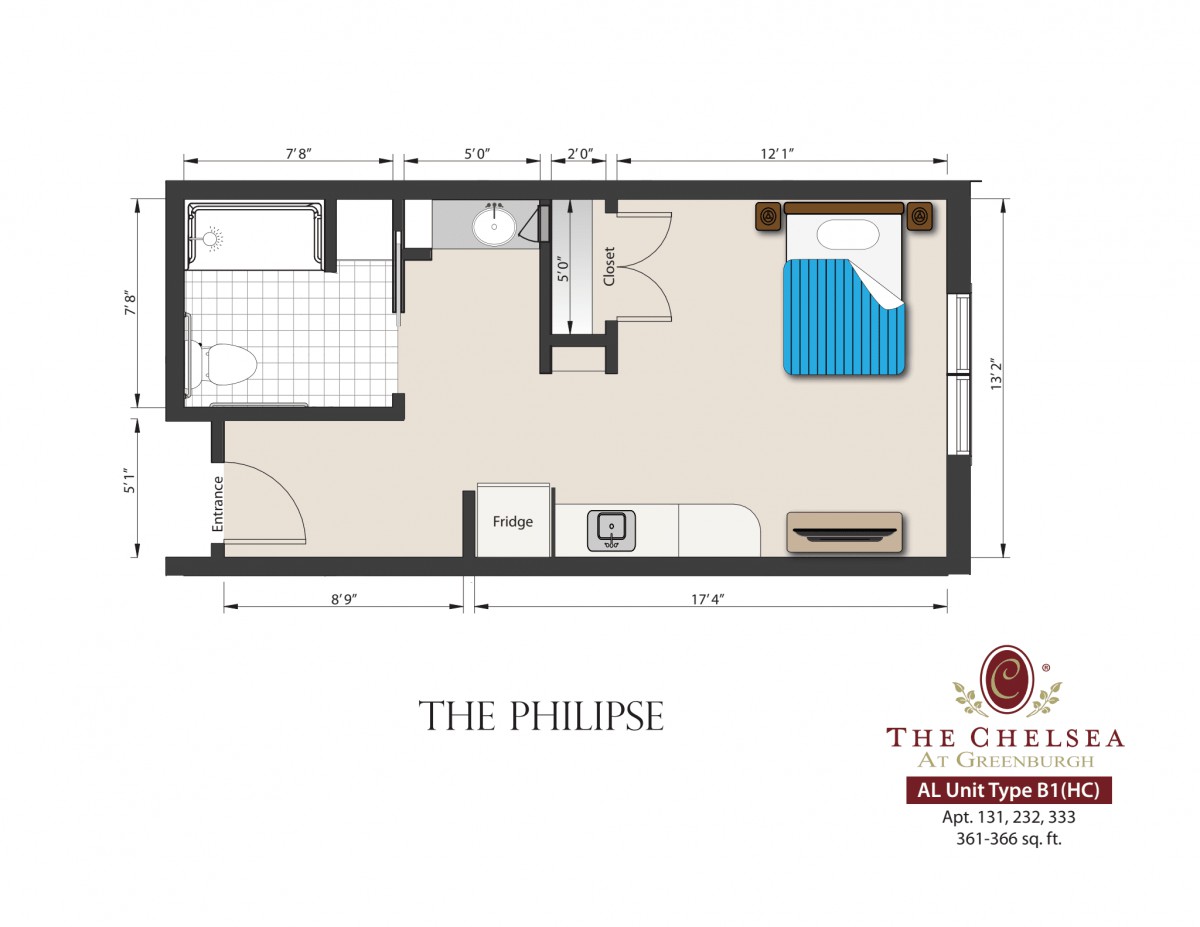 Floor plan of The Philipse apartment unit at The Chelsea offering a cozy living space with one bedroom and bathroom.