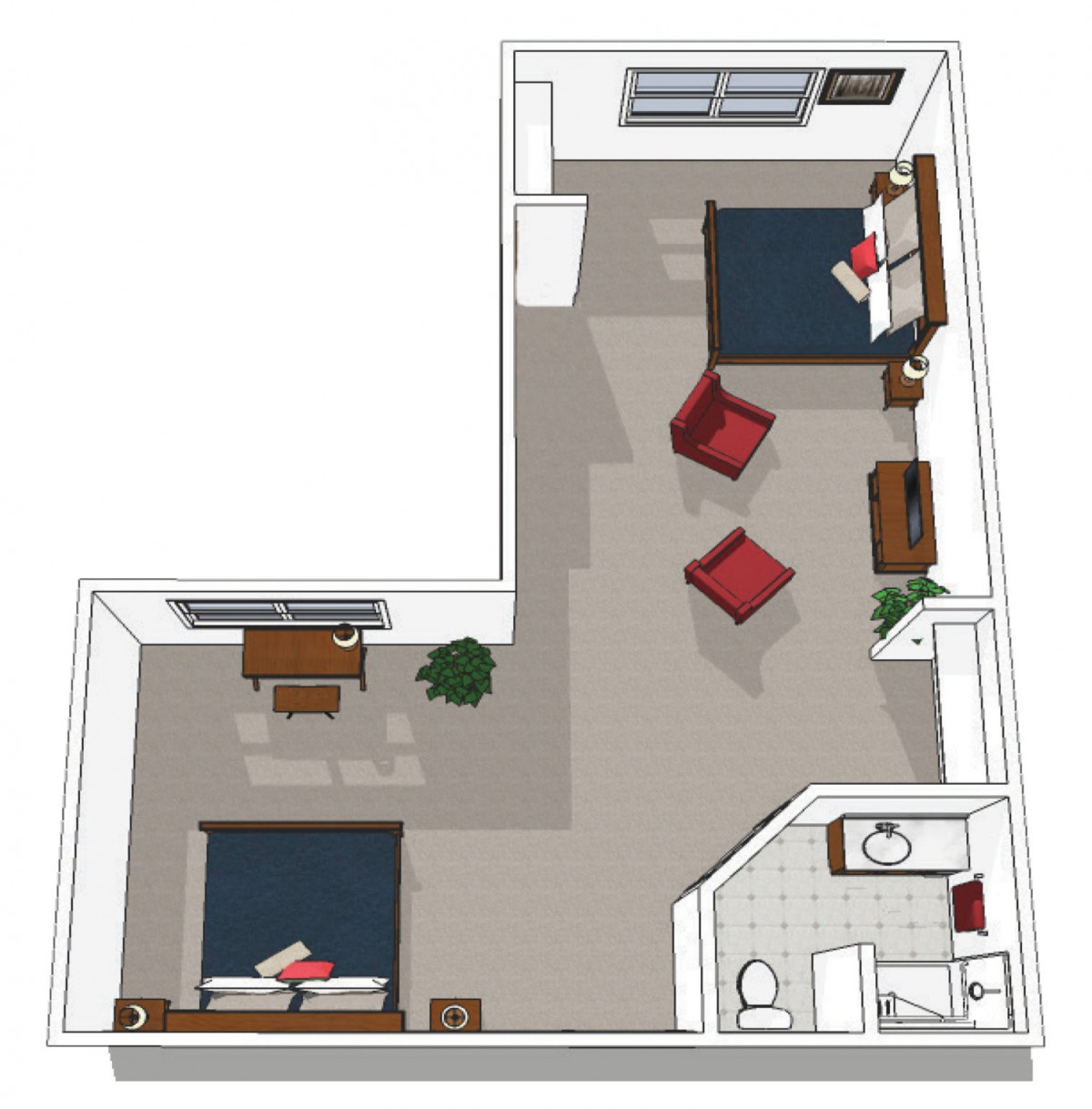 A 3D floor plan of an apartment featuring two beds, a bathroom, and various pieces of furniture.