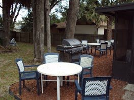 An outdoor patio area with a table, chairs, and a grill set amid trees.