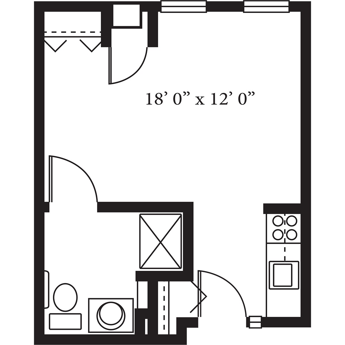 A floor plan of a studio apartment featuring an open living area, kitchen, and bathroom.