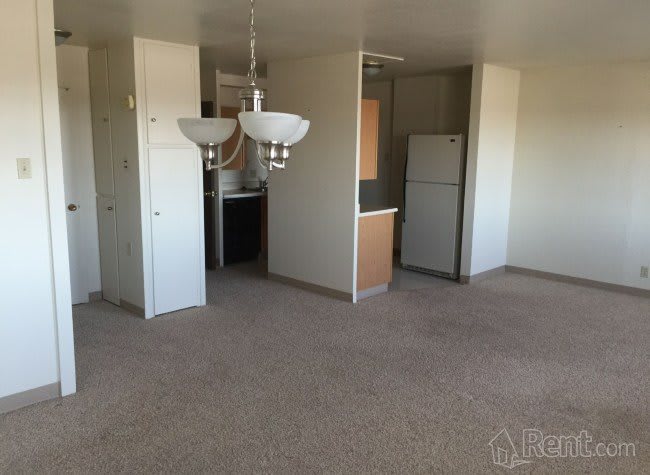 An empty apartment interior showing a kitchen area with a refrigerator, carpeted floors, and ceiling lighting fixtures.