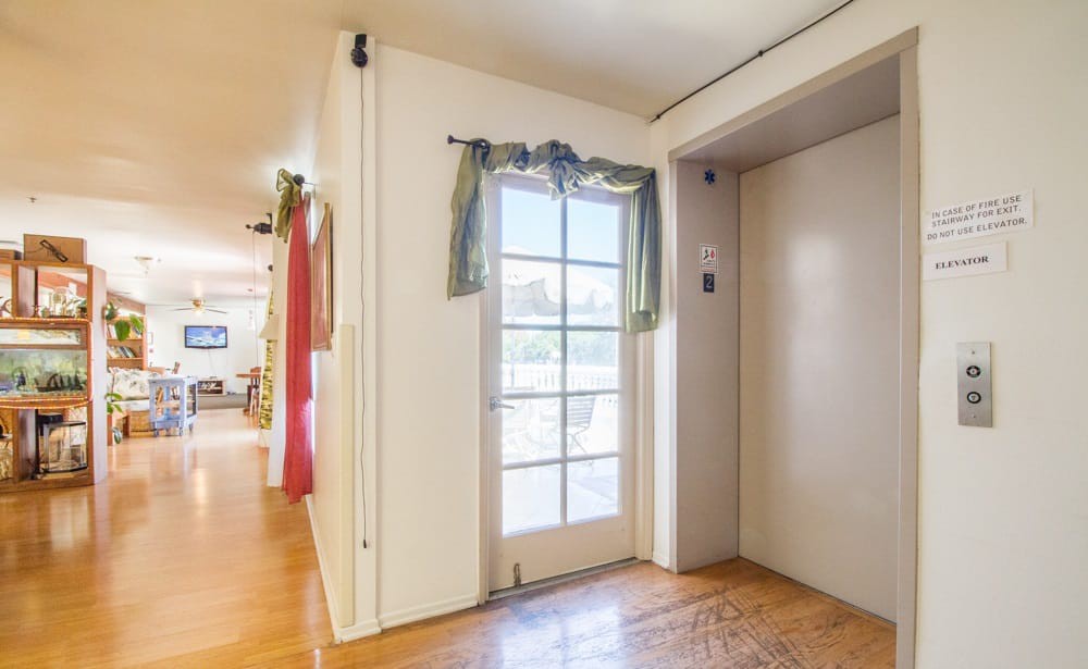 A cozy hallway with a glass door adorned with curtains and wooden flooring.