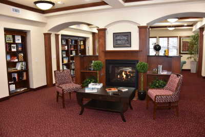 A cozy living room with a fireplace, bookshelves, and comfortable seating.