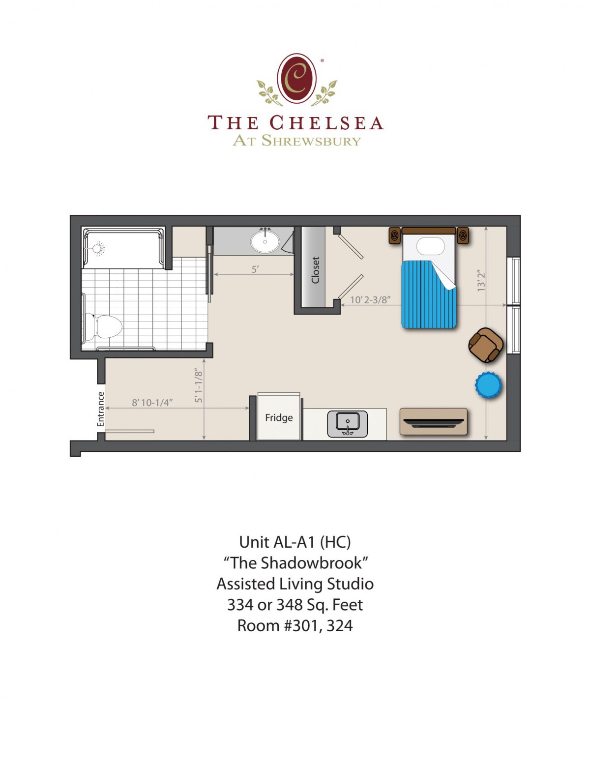 Floor plan of The Chelsea Assistant Living Studio with labeled areas.
