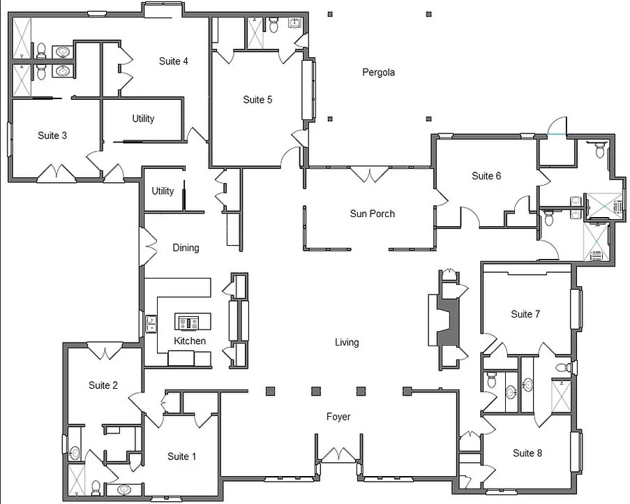A detailed architectural floor plan showing the layout of multiple rooms in a building.