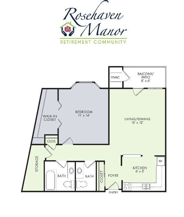 A detailed floor plan of an apartment at Ridgeview Manor, showing the arrangement of rooms including living room, bedroom, kitchen, and bathroom.