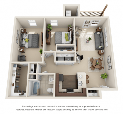 A 3D floor plan of a two-bedroom apartment showcasing the layout and interior design.