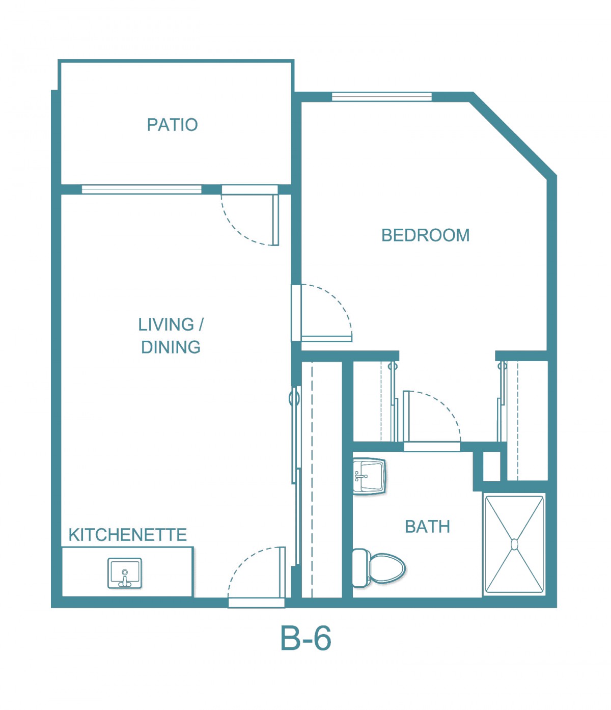 This is a floor plan of an apartment with one bedroom, a living/dining area, a kitchenette, a bathroom, and a patio.