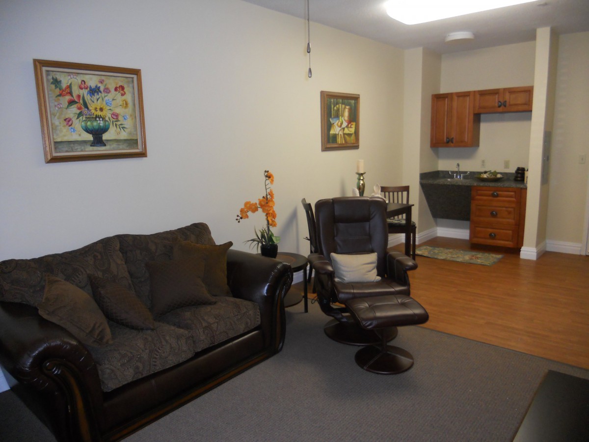 A cozy living room with a sofa, armchair, and an adjoining kitchen area.