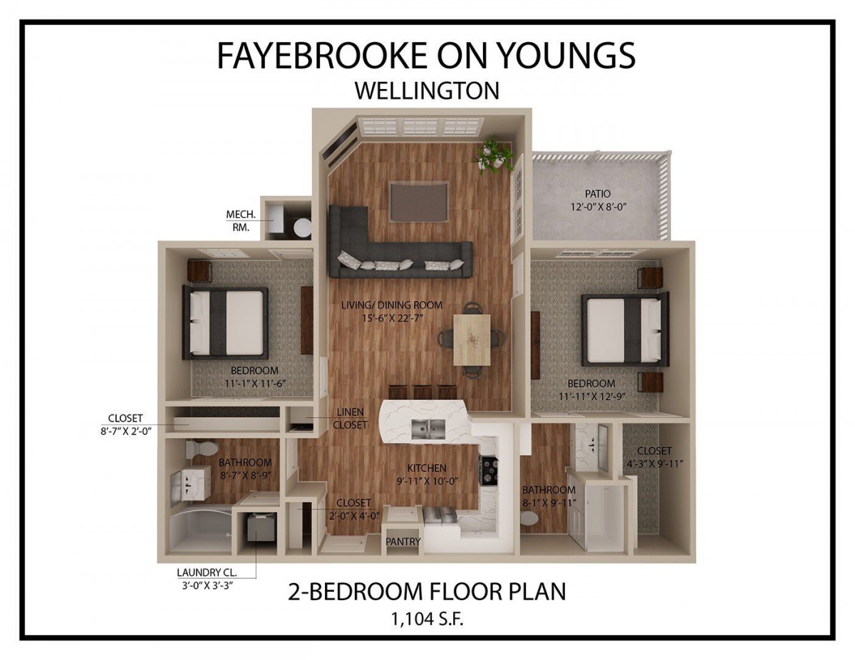 A floor plan for a two-bedroom apartment at Fayebrooke on Youngs in Wellington.