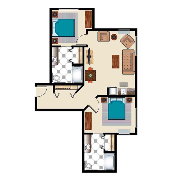A floor plan of a two-bedroom apartment with separate bathrooms and a shared living area.