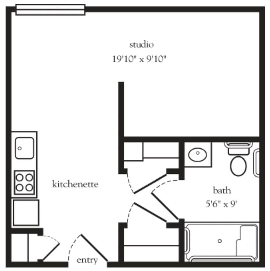 Studio apartment floor plan with kitchenette and bathroom.