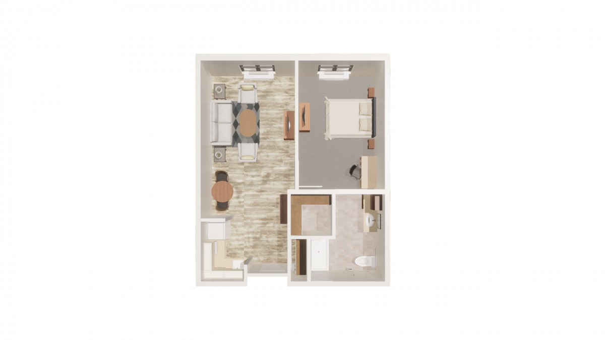 A compact one-bedroom apartment floor plan featuring a kitchen, living area, bedroom, and bathroom.