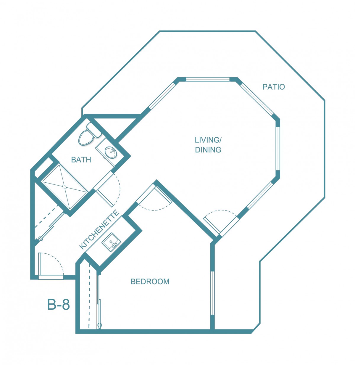 This is a floor plan of a one-bedroom apartment with a living/dining area, bathroom, and patio.