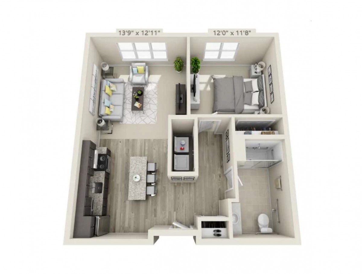 A detailed floor plan of a one-bedroom apartment with a living room, kitchen, and bathroom.
