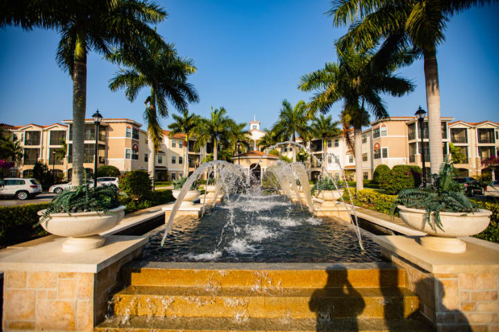 A fountain and palm trees lead up to an elegant building under a clear blue sky.