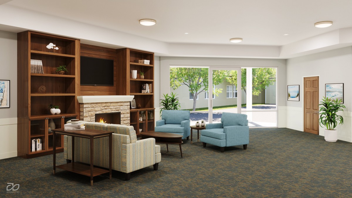 A modern and cozy living room with comfortable seating, a fireplace, and large windows overlooking a garden.