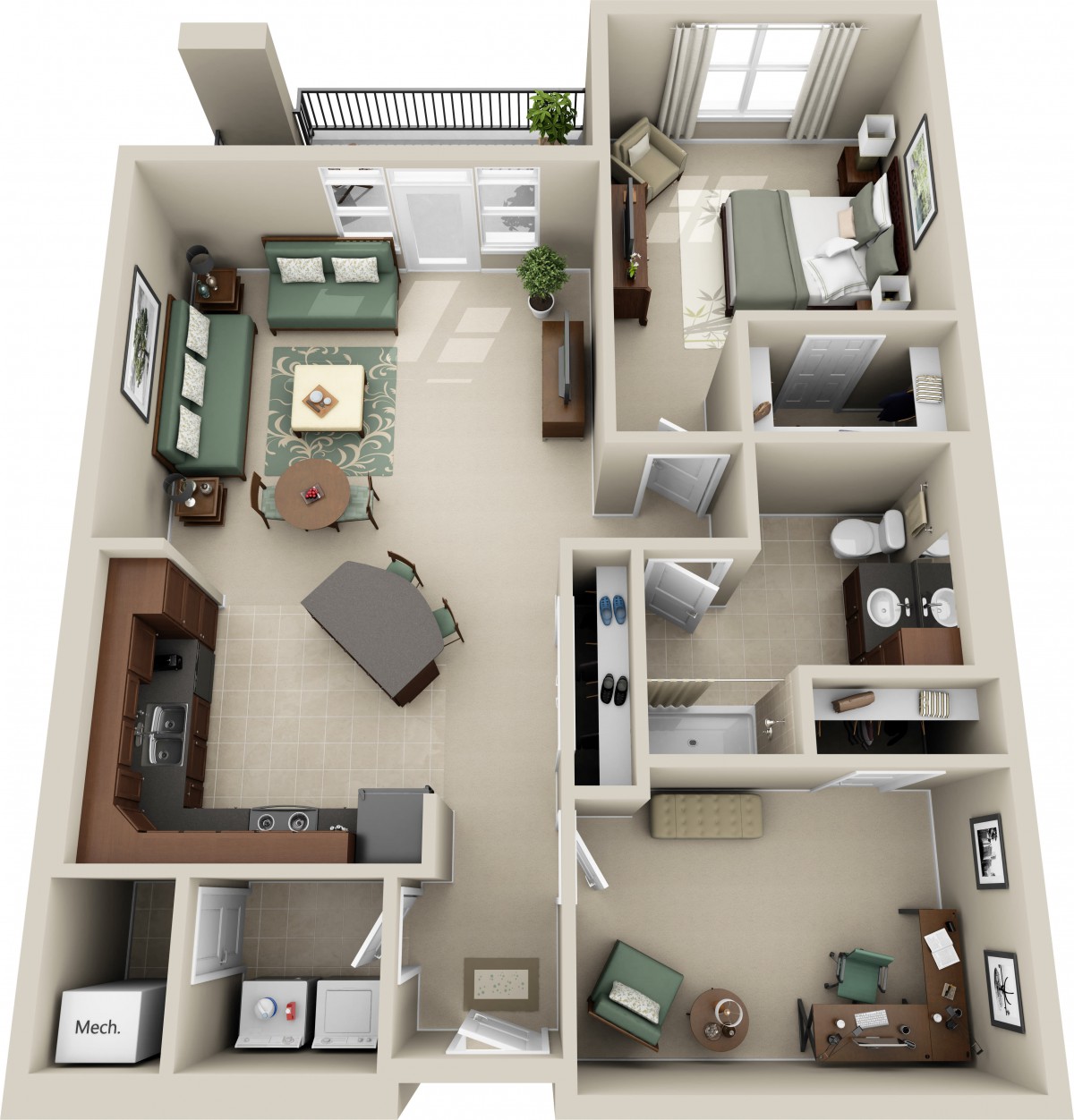 A detailed floor plan of a one-bedroom apartment featuring a living room, kitchen, bathroom, and bedroom.