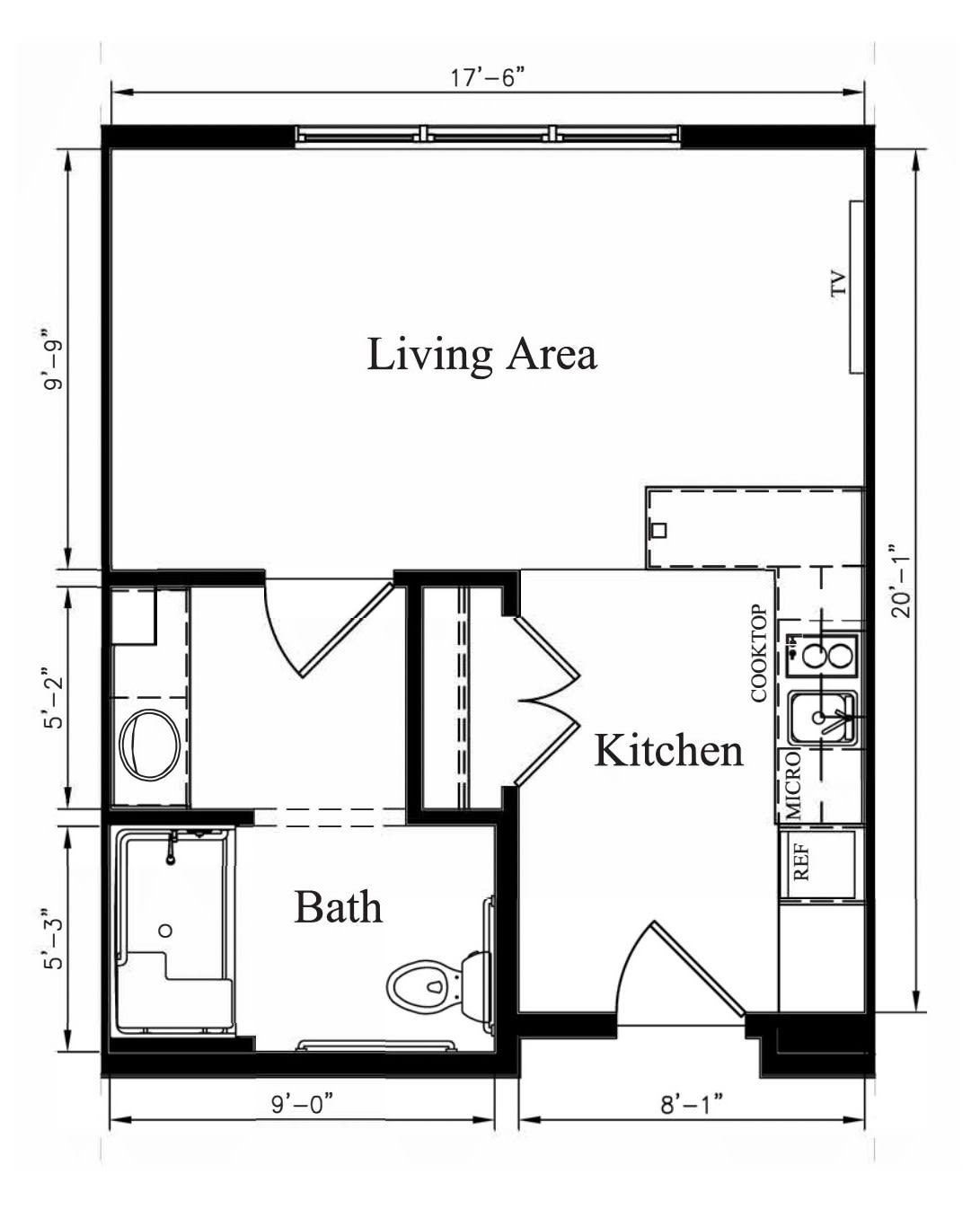Floor plan of a small apartment with living area, kitchen, and bathroom.