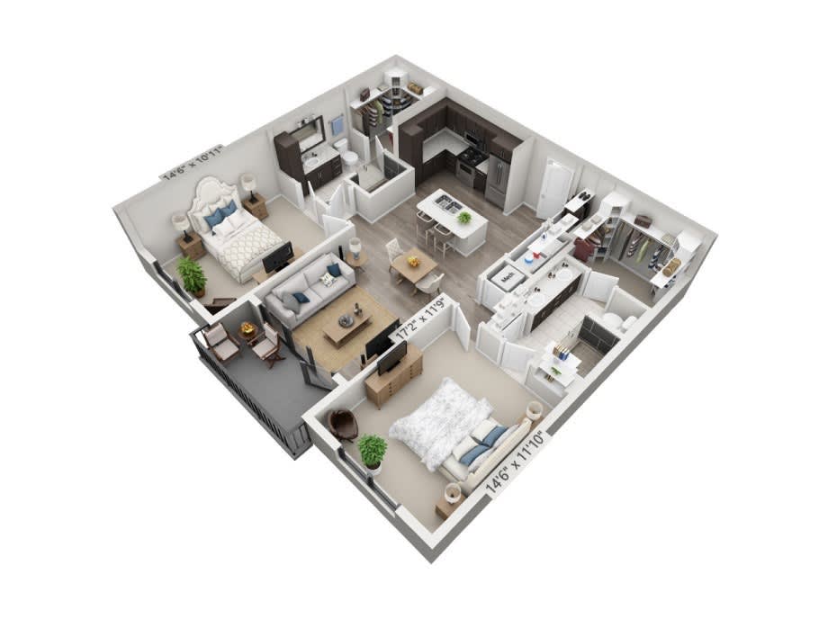 A detailed floor plan of a modern apartment featuring two bedrooms, a living room, kitchen, and two bathrooms.