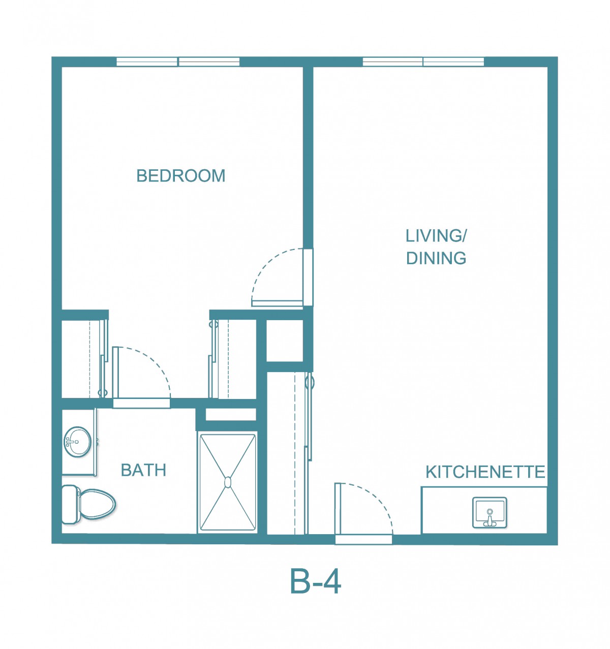 A floor plan of a one-bedroom apartment including a living/dining area, kitchenette, and bathroom.
