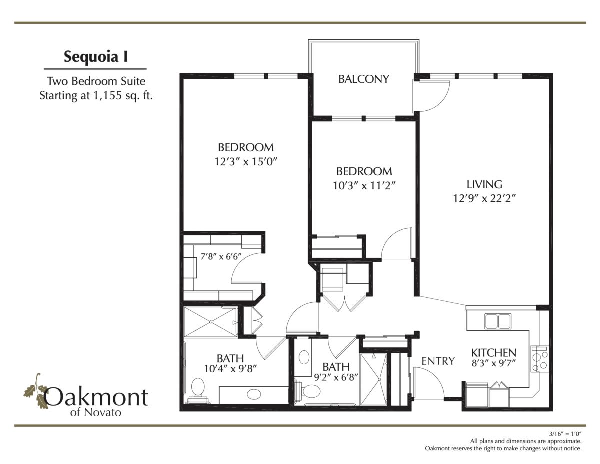This image is a floor plan of an apartment featuring two bedrooms, a living area, kitchen, and balcony.