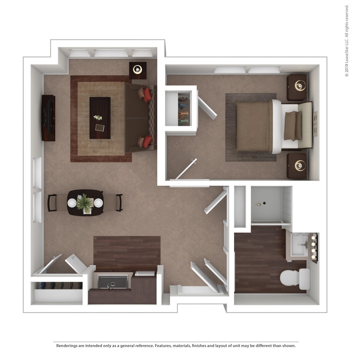 A 3D floor plan of a one-bedroom apartment featuring a living room, kitchen, bedroom, and bathroom.