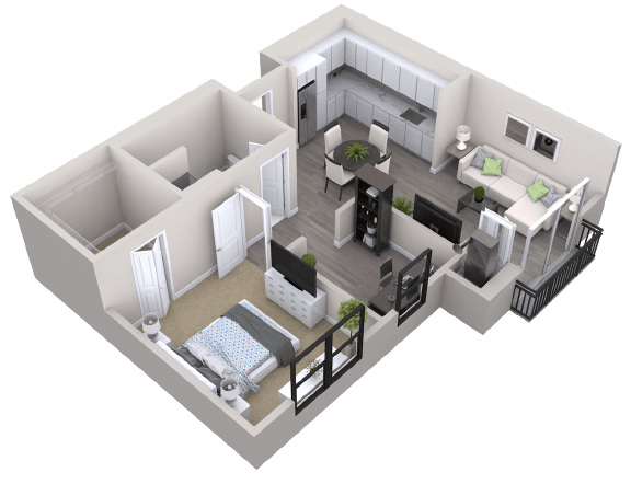 A 3D floor plan of a modern one-bedroom apartment featuring an open kitchen and living area.
