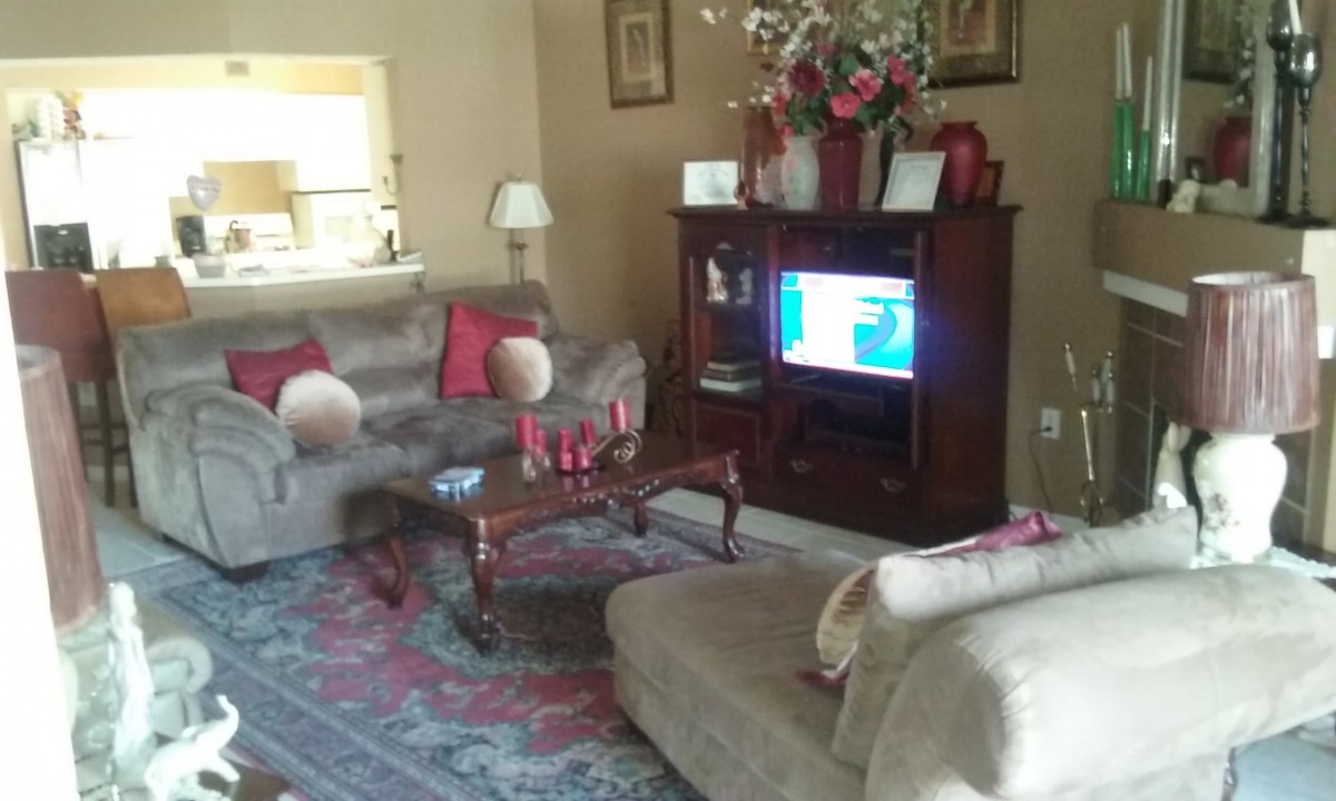 A cozy living room with sofas, a coffee table, a television, and decorative elements.
