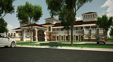 A luxurious mansion surrounded by trees on a sunny day.