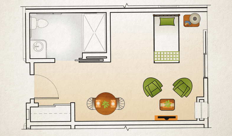 A floor plan depicting a bedroom with a bed, chairs, and other furniture.