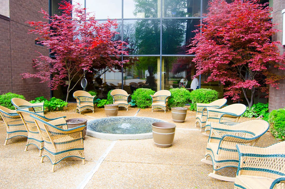 A modern outdoor patio with wicker furniture, surrounded by vibrant greenery and red-leaved trees.