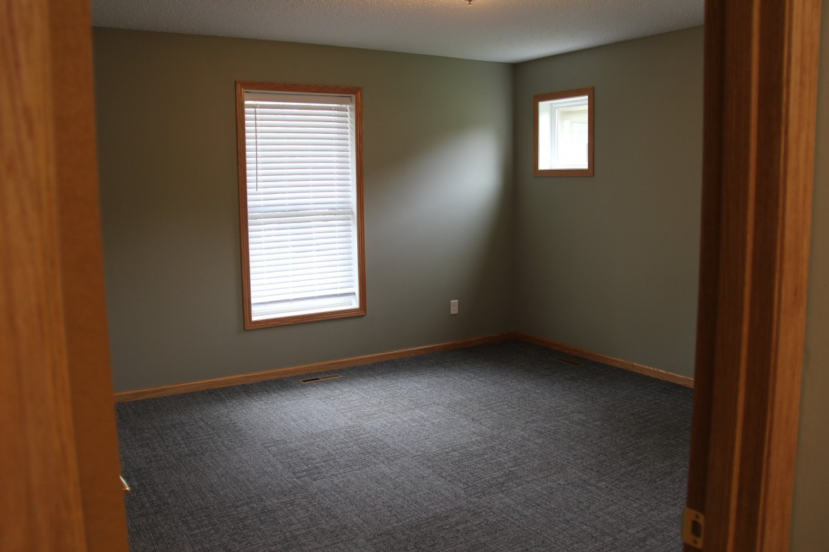 An empty room with carpet flooring and two windows allowing natural light.