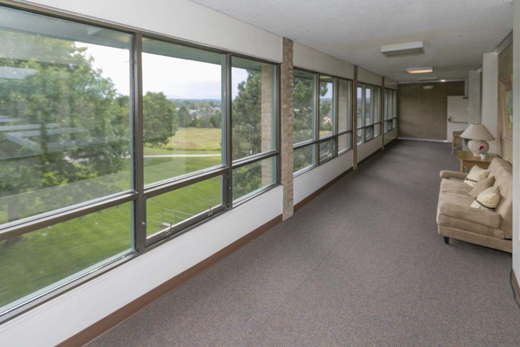 A long hallway with large windows offering views of the greenery outside.