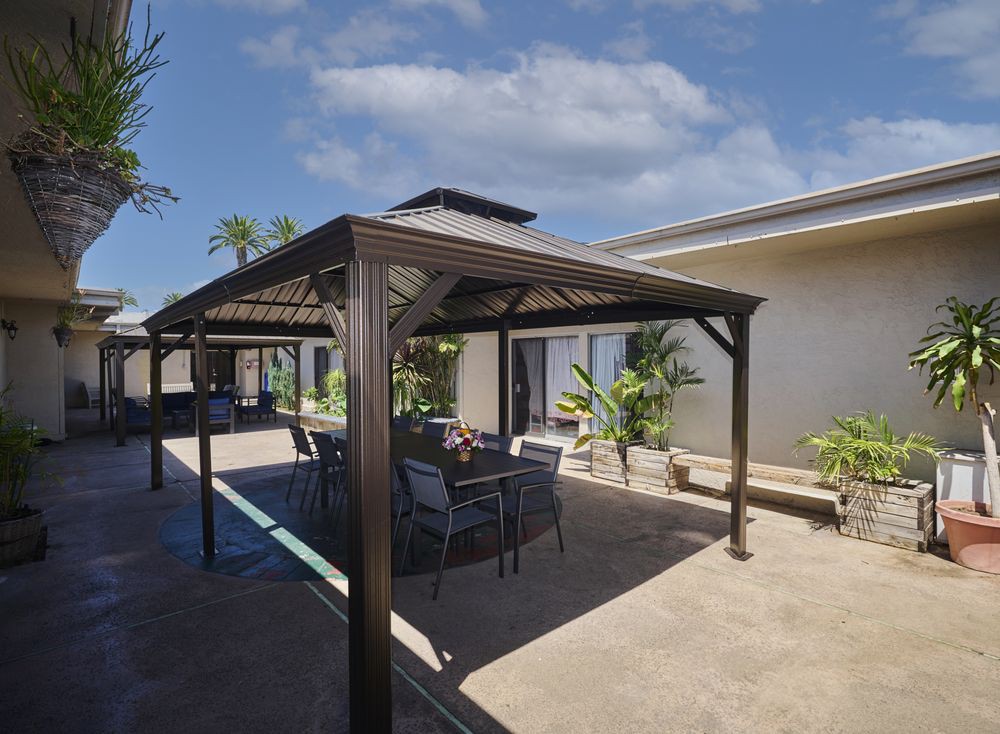 A sunny patio with a pergola and outdoor furniture surrounded by plants.