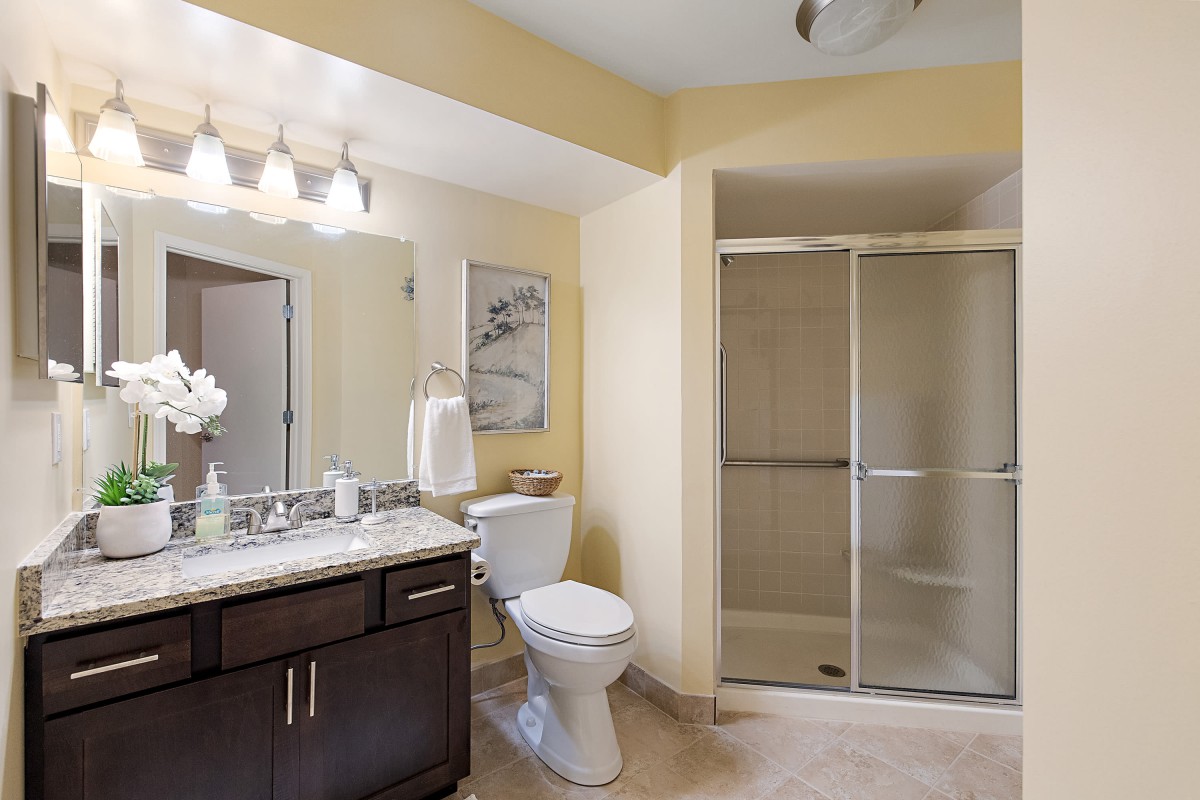 A modern bathroom featuring a shower with sliding doors, a toilet, and a vanity with a mirror.
