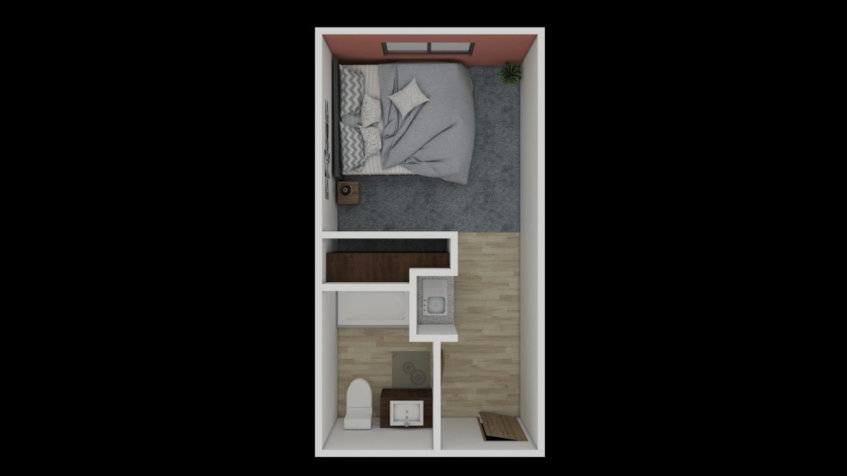 A compact floor plan of a small apartment with a bedroom and bathroom.