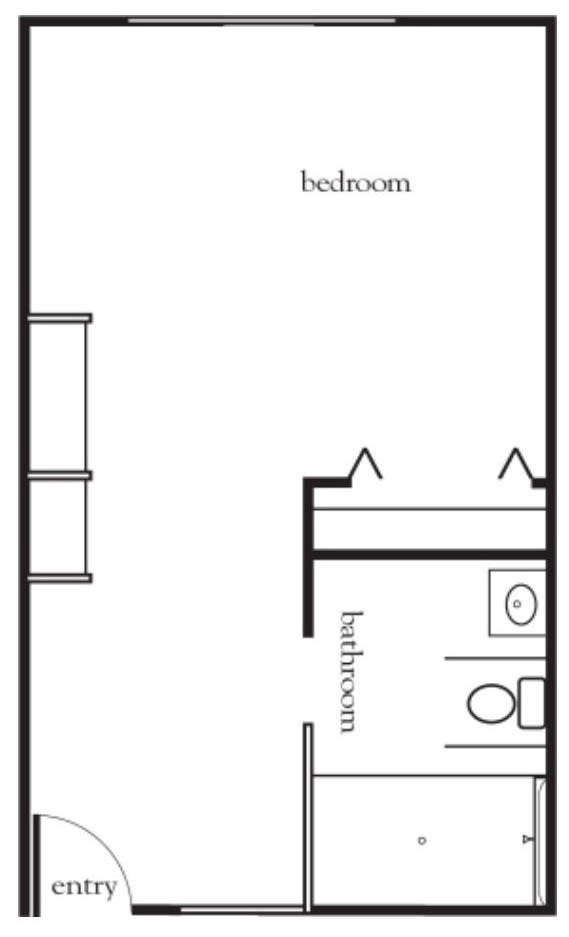 A simple floor plan showing a bedroom and a bathroom.