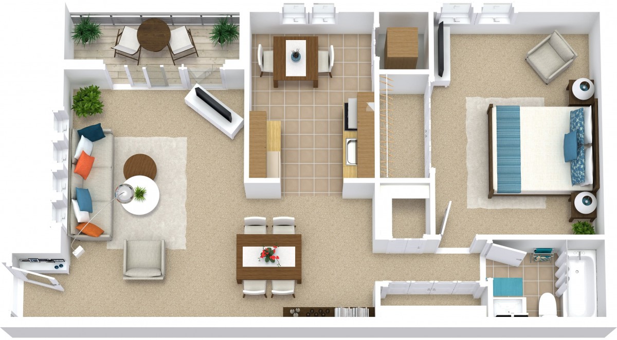 3D rendering of an apartment floor plan featuring multiple rooms and a balcony.