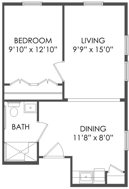 A floor plan detailing the layout and dimensions of an apartment, including bedroom, living room, dining area, and bathroom.