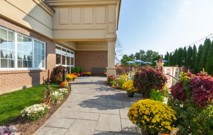 A well-maintained garden pathway lined with colorful flowers beside a building on a sunny day.