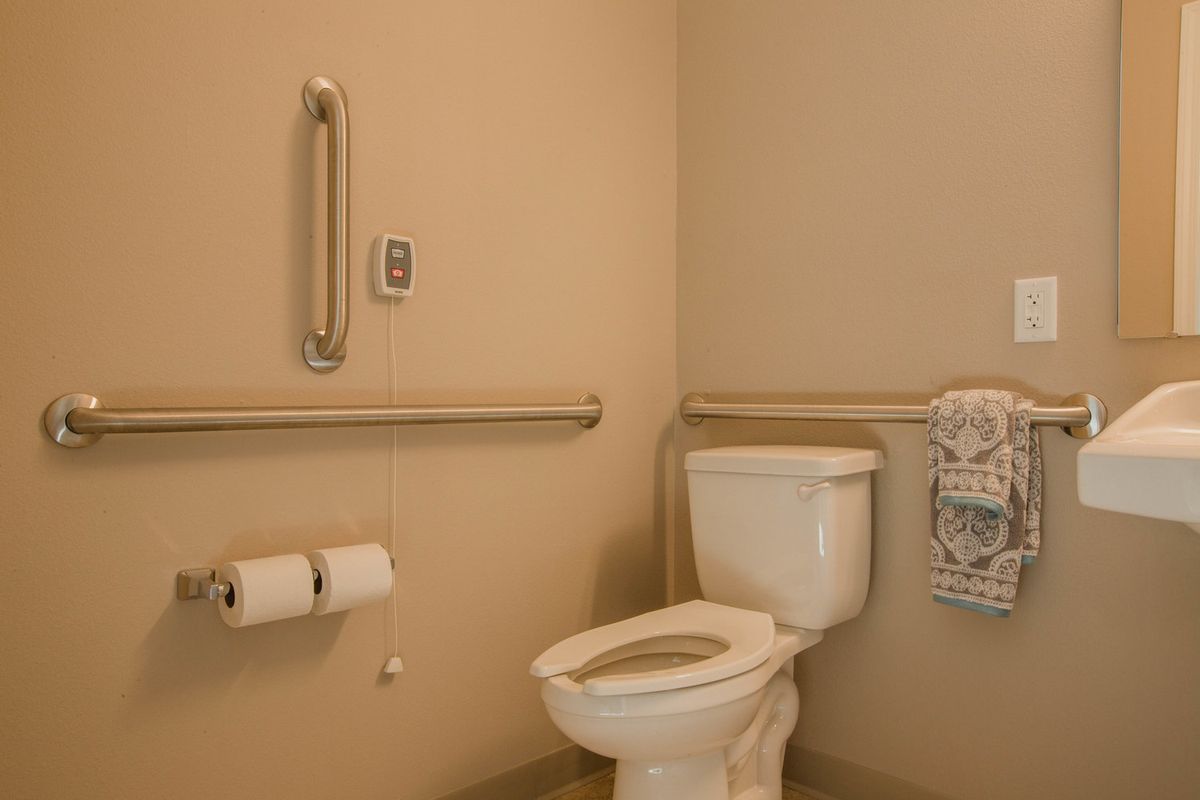 An accessible bathroom with a toilet and grab bars.