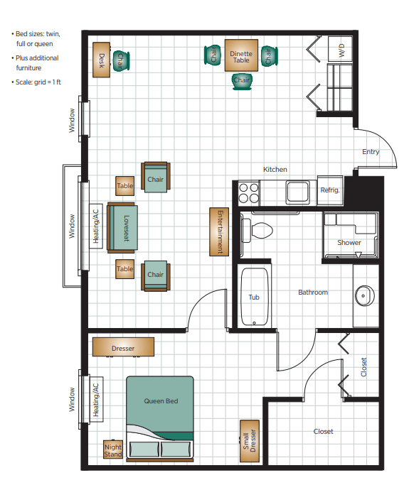 A detailed floor plan of a one-bedroom apartment showing the layout of the living room, kitchen, and bathroom with furniture placement.