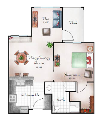 A detailed floor plan of a one-bedroom apartment with labeled areas including the kitchen, living/dining room, bedroom, bath, and patio.