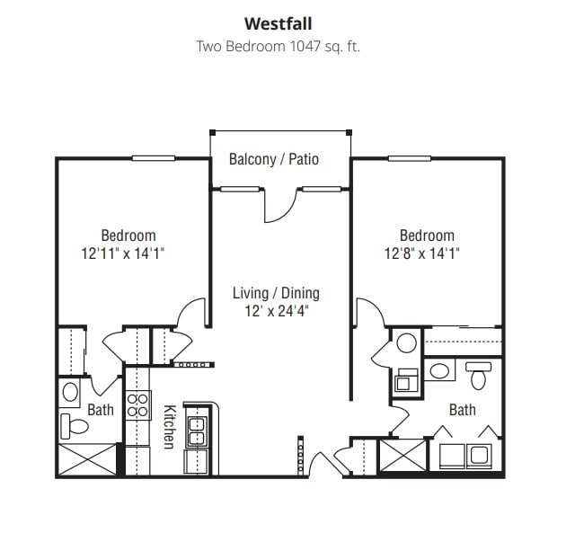 Westfall two-bedroom apartment floor plan with living/dining area and balcony/patio.