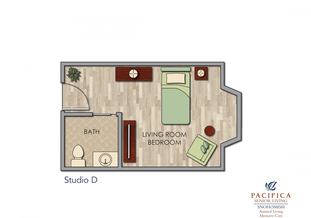 A floor plan of a compact studio apartment featuring a combined living/sleeping area and a bathroom.