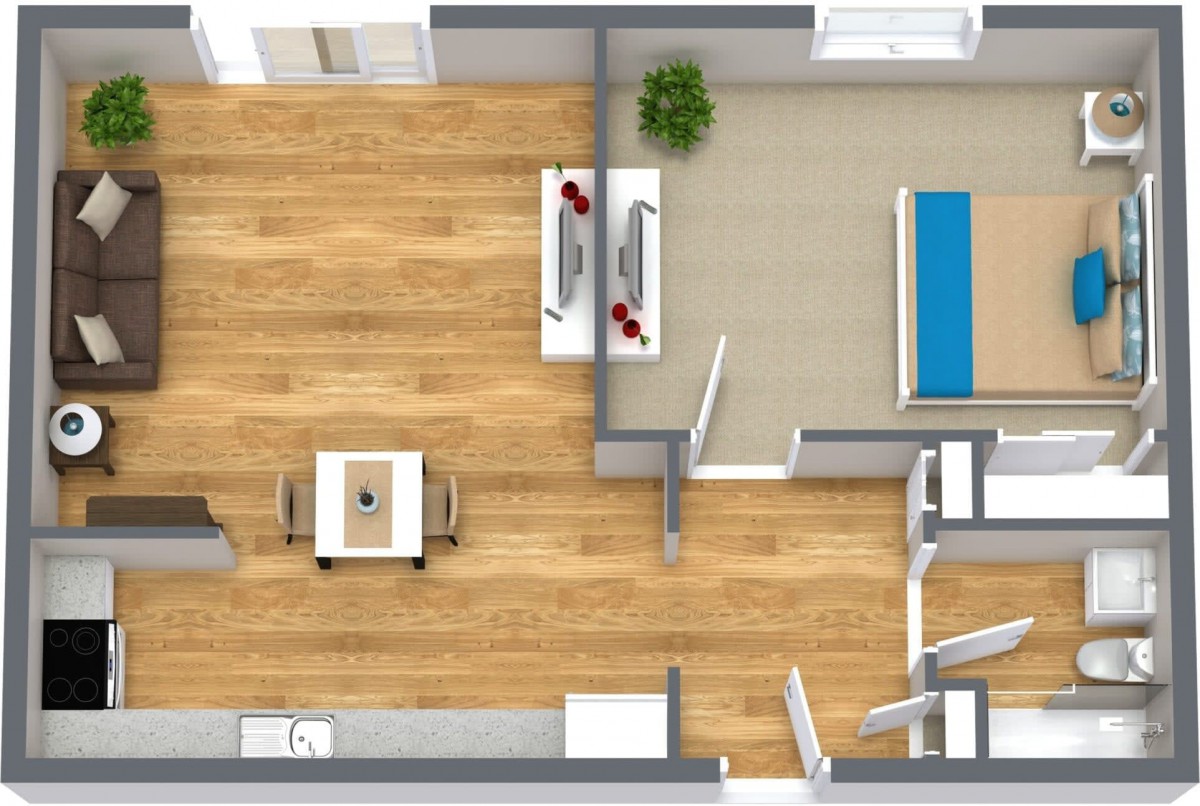 A 3D-rendered floor plan showcasing a modern apartment layout with distinct living, dining, and bedroom areas.