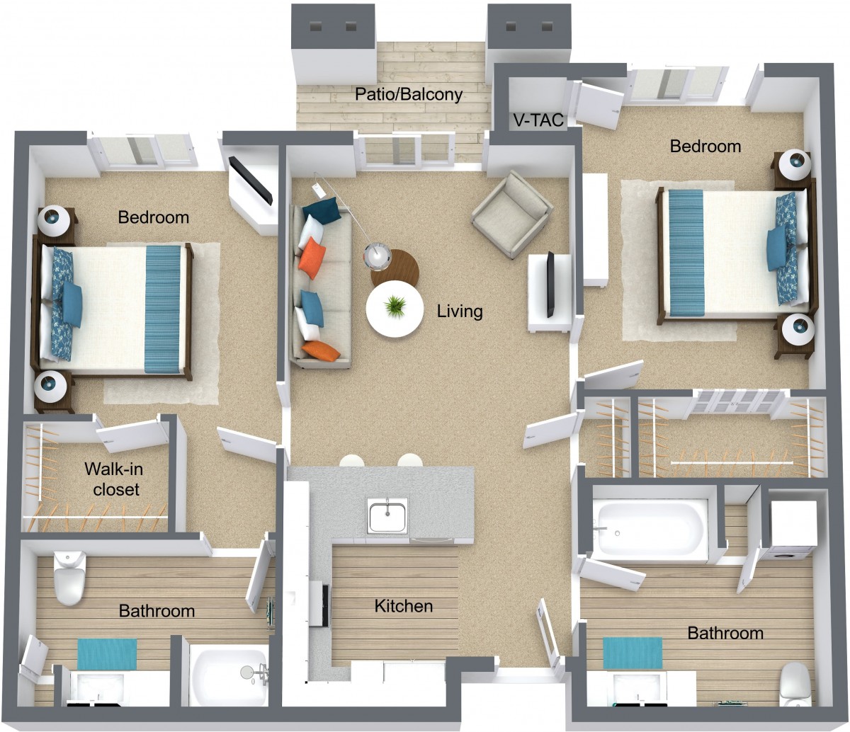 3D floor plan of an apartment featuring multiple bedrooms, a living room, kitchen, and bathrooms.