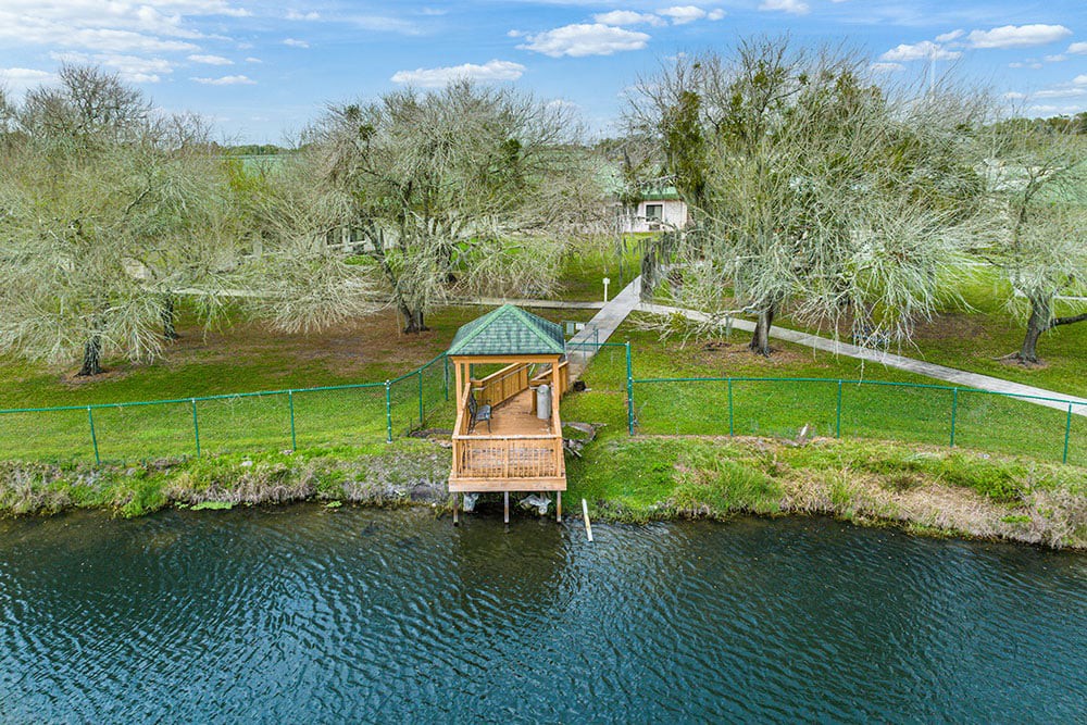 A serene lakeside view featuring a wooden dock surrounded by lush greenery and trees.