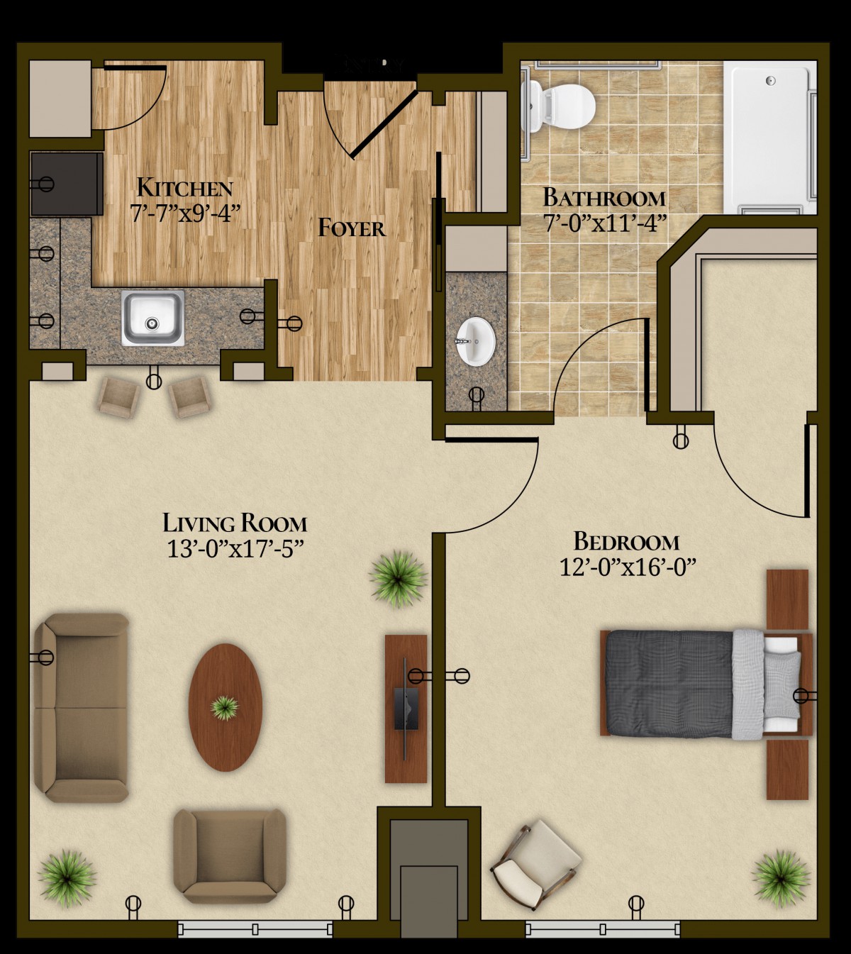 Floor plan of a one-bedroom apartment featuring a living room, kitchen, and bathroom.